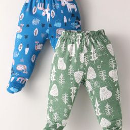 OHMS Single Jersey Knit Full Length Footed Leggings With Animal & Leaf Print Pack of 2 - Blue & Green-image-28