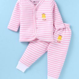 Bodycare Cotton Knit Full Sleeves Thermal Vest & Pant Set With Giraffe Print - Pink & White-image-75