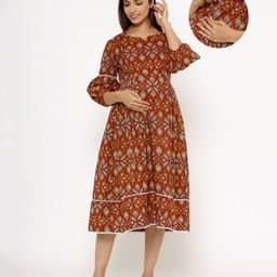 Ikk Kudi by Seerat Cotton Woven Three Fourth Sleeves Ajrakh Printed Dress With Concealed Zipper Nursing Access - Red-image-24