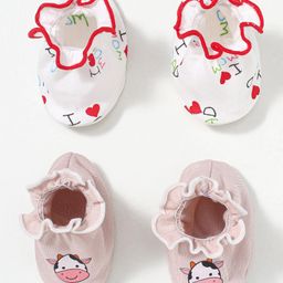 Ben Benny Interlock Cotton Knit Booties with Text & Animal Print Pack Of 2 - White & Pink-22