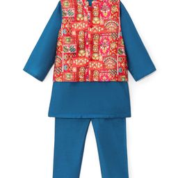 Babyhug Woven Full Sleeves Solid Kurta Pyjama Set with Foil Printed Jacket - Blue-image-51