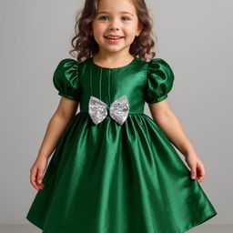 Babyhug Woven Half Puffed Sleeves Party Dress With Bow Applique & Sequin Detailing - Dark Green-image-21