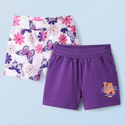 Honeyhap Premium 100% Cotton Knit Above Knee Length Shorts With Text Print Pack of 2 - Pansy & Bright White-picture-7