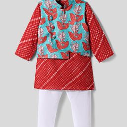 Exclusive from Jaipur Cotton Woven Full Sleeves Kurta Pyjama Set With Floral Printed Jacket - Red-image-11