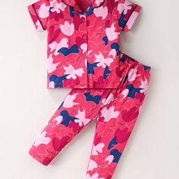 Doreme Single Jersey Knit Half Sleeves Night Suit With Floral Print - Dark Pink-picture-38