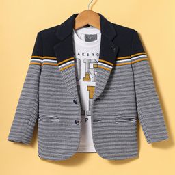 Dapper Dudes Full Sleeves Striped Blazer With Typography Printed Tee - Navy Blue-image-4