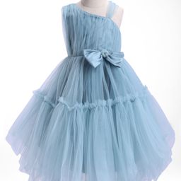 Enfance Sleeveless Bow Applique Ruffled Dress - Blue-image-36
