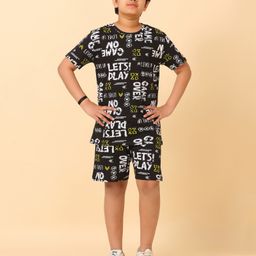 Ninos Dreams Cotton Jersey Knit Half Sleeves Lets Play Text Printed Coordinating Night Suit Set - Black-image-20