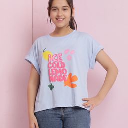 Lil Tomatoes Cotton Jersey Half Sleeves Ice Cold Lemonade Text Puff Printed Top - Blue-image-96