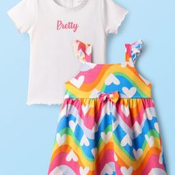 Babyhug Cotton Knit Half Sleeves Frock & Inner Tee with Hearts Print & Bow Detailing - Multicolour-image-94