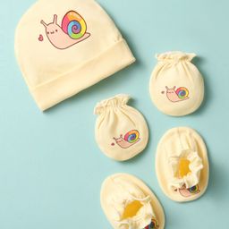 Ben Benny 100% Cotton Knit Cap Mitten & Booties Set With Snail Print Light Yellow - Diameter 9 cm-image-70