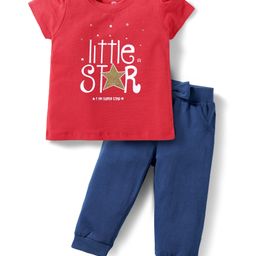 Doodle Poodle 100% Cotton Knit Half Sleeves T-Shirt & Lounge Pant Set With Little Star Print - Red & Navy Blue-image-87