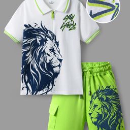 OLLINGTON ST. Cotton Knit Half Sleeves Lion Printed T-Shirt & Knit Shorts Set - Navy Blue & Limegreen-picture-2