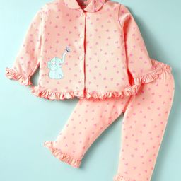 CUCUMBER Sinker Knit Full Sleeves Front Open Night Suit With Animal & Heart Print - Pink-image-23