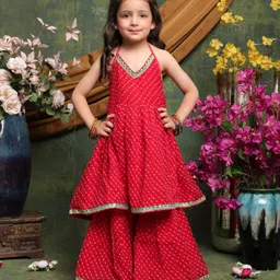 Saka Designs By Sapna Georgette Woven Sleeveless Leheriya Printed Gota Lace Embellished Kurta Sharara Set - Red-picture-16