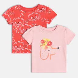 MINI KLUB Cotton Knit Pack Of 2 Half Sleeves Floral & Cloud Printed Tops - Red & Pink-picture-3
