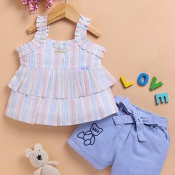 TOONYPORT Cotton Knit Sleeveless Striped Layered Top With Shorts Set - Multi Colour-image-80