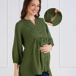 Bella Mama Woven Three Fourth Sleeves Solid Color Maternity Top - Olive Green-picture-2