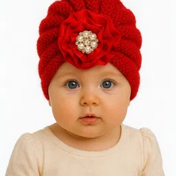 The little lookers Wool Knit Floral Applique Detailed Pearls Embellished Turban Cap - Red - Circumference - 36 Cm-picture-40