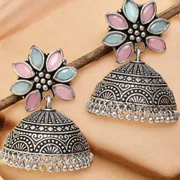 OOMPH Artificial Stones Studded Dome Shaped Oxidised Jhumkas-37