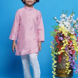 Little Bansi Boys Ethnic Motifs Embroidered Mandarin Collar Cotton Silk Kurta With Pyjamas-image-90