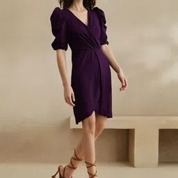 HERE&NOW Women V-Neck Puff Sleeve High Low Hem Gathered Sheath Dress-picture-10