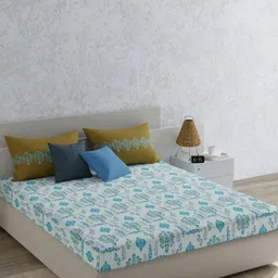 MYTRIDENT Blue & Green Floral 120 TC Pure Cotton Queen Bedsheet Set 2.28 m x 2.54 m-image-75