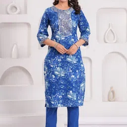Women Blue Floral Printed Cotton Kurta Pant Set with Gotta Patti & Sequin Work-55