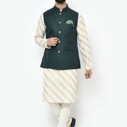 KISAH Men Green & White Printed Kurta with Churidar & Nehru Jacket image 1