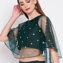 studio rasa Green & Gold-Toned Sequin Embroidered Net Cape Crop Top image 5