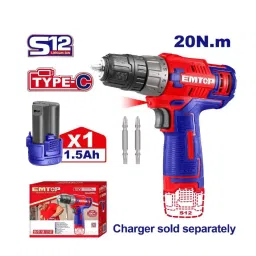 EMTOP Cordless Drill 0.8-10 mm (1/32-3/8 inch) Chuck Size 12 V 0-750 RPM No Load Speed, ECDL12510 image 2