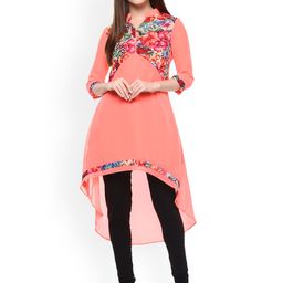 StyleStone Women Neon Pink Floral Asymmetric Hemline Kurta-image-30