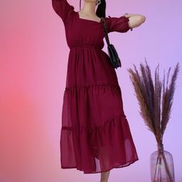 Femvy Women Puff Sleeve Tiered Fit & Flare Maxi Dress-picture-29