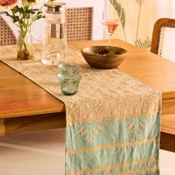 Peepul Tree Taupe & Blue Self Designed Cotton Table Runner-10