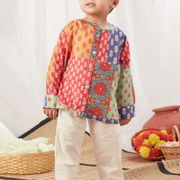 Vivedkids Boys Floral Printed Layered Pure Cotton Kurta with Trousers-image-35