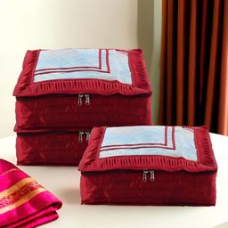 Aura Maroon & Transparent 3 Pieces Frill Top Window Satin Saree Bag Organisers-1