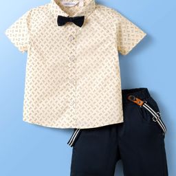 Mark & Mia Half Sleeves Printed Shirt & Shorts with Suspender & Bow - Blue-image-60