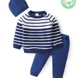 Babyhug Organic Cotton Knit Full Sleeves Sweater Set with Cap Striped Design - Navy Blue & White-image-66