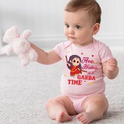 KNITROOT Navratri Theme Half Sleeves Aee Haloo Its Garba Time Printed Onesie - Pink-picture-7