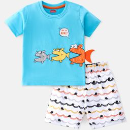 Babyhug Single Jersey Cotton Knit Half Sleeves Fish Printed Night Suit - Blue-image-69