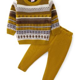 Babyhug Knit Full Sleeves Sweater Set with Aztec Design - Mustard-image-32