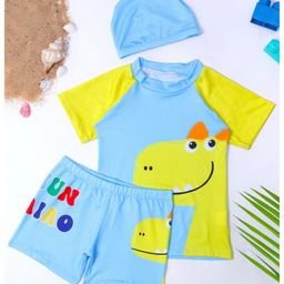 Bubble Berry Half Sleeves Dinosaur Printed 3 Piece Swimsuit - Light Blue-image-29