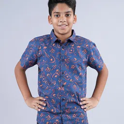 Kiddopanti Cotton Half Sleeves Abstract Floral Printed Shirt - Navy Blue-picture-8