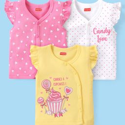Babyhug 100% Cotton Knit Frill Sleeves Front Open Jhablas with Heart & Candies Print Pack Of 3 - Multicolour-image-98