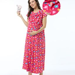 Bella Mama Cotton Knit Half Sleeves Nursing Nighty Floral Print - Pink-picture-25