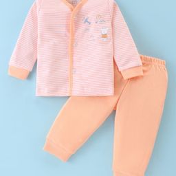 Zero Cotton Knit Full Sleeves Striped T-Shirt & Lounge Pants Set With Teddy Print - Light Orange-picture-27