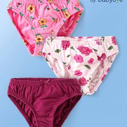 Babyoye Cotton Spandex Panties with Floral Print Pack of 3 - Maroon & Pink-image-47