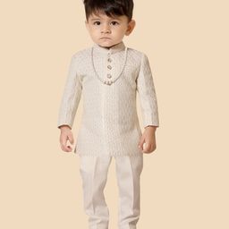 little desi Full Sleeves Ethnic Motif Embroidered Kurta With Solid Refined Pyjama Set - Cream-image-35
