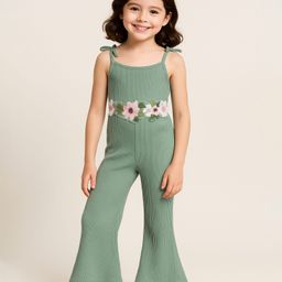 Mark & Mia Cotton Singlet Sleeves Boot Cut Jumpsuit with Floral Corsage - Green-image-80