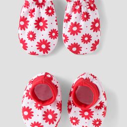Babyhug 100% Cotton Knit Mittens & Booties with Floral Print - Red-image-106